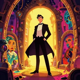 arrogant elegant man travels through time via steampunk portals, pixiv fanbox, dramatic lighting, maximalist vintage color palette, splatter paint, pixar and disney exploded - view drawing, graphic novel by fiona staples and dustin nguyen, peter elson, alan bean, wangechi mutu, clean cel shaded vector art, trending on artstation