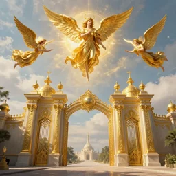 Fine Art photo landscape, gates of heaven, golden kingdom, Flying angels, photorealism, 8k