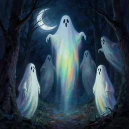 ghosts monsters. tall tall dancing ghouls at midnight in the forest. at night. crescent moon night sky. thomas kinkade. digital painting. marc simonetti. dancing ghost ghoul. michael whelan. mysterious rainbow void glow. greg rutkowski. scary. creepy. artstation.