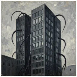 zdzisław beksiński painting of a modern office building, dark colors, tendrils, 4K, high quality, creepy