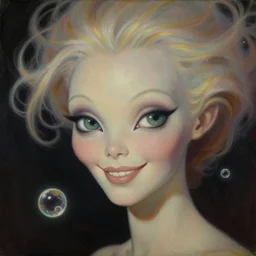 close - up portrait painting of a beautiful alien woman smiling with big eyes in space, by norman rockwell. floating hair. glowing bubbles. muted colors, soft gradients. dark background. trending on artstation. retrofuturism.
