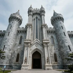 entrance to the fantasy castle, fantasy fortress, smooth walls, mystical towers, very long shot, low angle, by sergey vasnev,