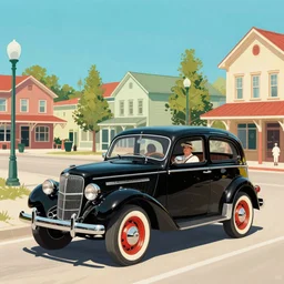 in the style of norman rockwell, thomas kinkade, 1 9 4 8 desoto car, black, driving through a 1 9 5 0 s town, elaborate, high saturation