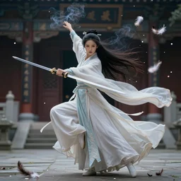 A striking hyper real portrait painting of a gorgeous sword dance Chinese costume woman , trending on artbreeder, long hair, smoke, feathers flying, flowers rain everywhere, full body XIANXIA, Chinese temple, depth of field by Yoji Shinkawa 4k