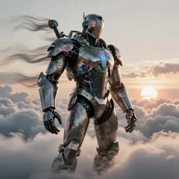 portrait of epic anthropomorphic cyborg neon armor, in clouds, cinematic studio light, windy, sunrise, by gerald brom, by mikhail vrubel, by peter elson, muted colors, extreme detail, trending on artstation