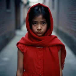 a close - up of a young girl in a red dress standing in a narrow alleyway, looking down at the camera. her face is partially obscured by a red scarf, and she has a serious expression. the light is dim, and the colours are muted. kodak ektar 1 0 0.
