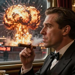 Mr. House, realistic, highly detailed face, looks at the big explosion ,nuclear fungus,explosion, from the window of the Lucky 38 Casino, man smokes a cigar, holding in his Hand, hyperdetailed, artstation trending, ultra HD, artstation, photorealism, ultrarealistic, retro, 45mm, elegant,