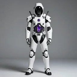 ulzzang with white sci - fi tactical gear and hood, black cybernetic enhancements, purple crystal glass inlays, full shot, fashion photography, by irving penn and storm thorgerson, ren heng