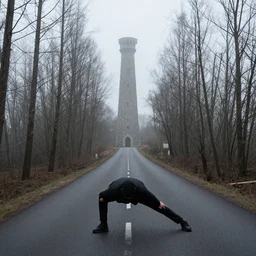 a stretching road through a dead forest leading to a stone tower, realistic, gloomy, foggy, high detail