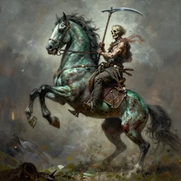 the singular horseman of the apocalypse is riding a strong fierce ferocious rabid undead green stallion, horse is up on its hind legs, the strong male rider is death with a scithe, beautiful artwork by artgerm and rutkowski, breathtaking, dramatic, full view