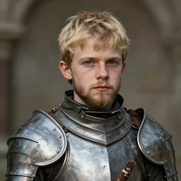 half - length portrait of a 3 5 - year - old human male knight with blonde hair and green eyes, beard, plate armor, no helmet, medieval setting, detailed face, highly detailed, artstation, concept art, sharp focus, by greg rutkowski, craig mullins, artgerm