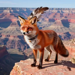 Red Puma Fox Beast Chimera Hybrid collar wearing feather crest paws fingernails whiskers snacks tail eyes furry fuzzy standing atop grand canyon greg rutkowski greg danton tony sart raymond swanland chris foss chris cold christophe norman rockwell young acrylic 4k artstation wikiart wikipedia realism tilt-shift aspca adoption research