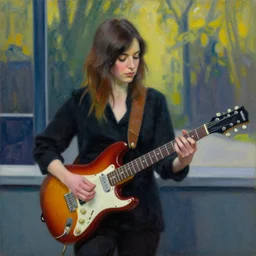 Anna Calvi playing electric guitar, oil painting by Edward Hopper