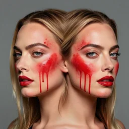 portrait of margot robbie with two faces covered with red dripping paint, artwork by guy denning and charlie bowater,