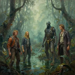 cinematic view of a retro scifi swamp, desaturated, psychedelic, tim hildebrandt, wayne barlowe, bruce pennington, donato giancola, larry elmore, oil on canvas, masterpiece, trending on artstation, featured on pixiv, cinematic composition, dramatic, beautiful lighting, sharp, details, hyper - detailed, hd, hdr, 4 k, 8 k