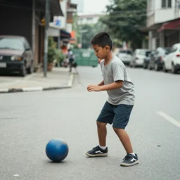 a boy playing with a ball in the street 2 0's style