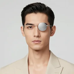 man in beige with neat hair and silver monocle