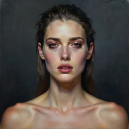 epic painting drawing, full portrait of a beautiful supermodel ( ( ( crying ) ) ), dark smoky background, photography by amy leibowitz, wlop, jeremy lipkin, beeple, intricate, symmetrical front portrait, artgerm