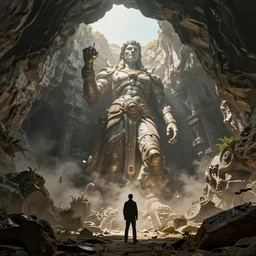 explorer found a mega statue in an open cave, sci - fi art, environment design, cinematic lighting, artstation, art by tony sart,