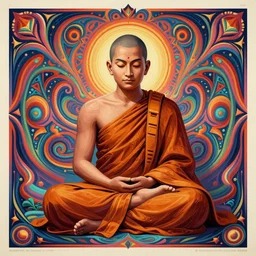 2 1 st century monk, sri lanka, silent, no talking, paranoia, symmetrical, concept art, intricate detail, volumetric shadows and lighting, psychedelic colors, vibrant, 1 9 7 0 soviet poster