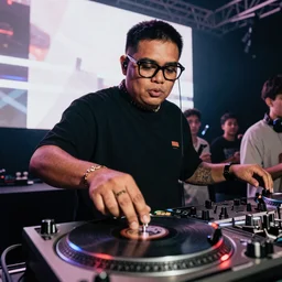 DJ Bhumibol spinning turntables during edm concert, photo, close-up, high quality