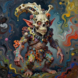 full body! very ugly goblin by irakli nadar with intricate detailed color smashing fluid oil paint and acrylic, headdress made of bones, melting wax, mycelia, abstract impressionism, ruan jia, fantasy, hyper detailed, concept art, by peter mohrbacher and gustav klimt,
