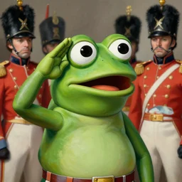 beautiful painting of pepe the frog saluting prussian soldiers, by rene magritte, high detail, high resolution