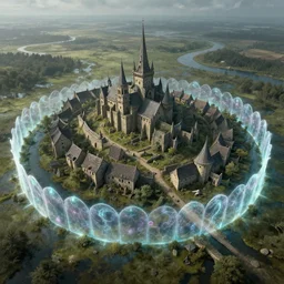 high airborne view of a downtrodden medieval town by a river in a swamp surrounded by a magical translucent barrier barrier barrier barrier, 4k, by Greg Rutkowski, fantasy, mix of celtic and Rus architecture, magic bubble barrier, cinematic