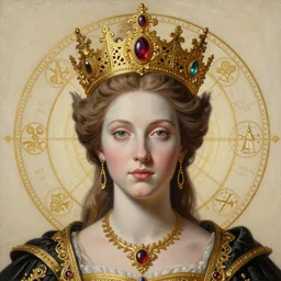 hyper realistic painting portrait of the queen of nothing, occult diagram, elaborate details, detailed face, golden ratio, rococo, classical, gothic, intrincate ornaments, gold decoration, caligraphy, occult art, illuminated manuscript, oil painting, art noveau, in the style of roberto ferri, gustav moreau, jean delville, bussiere, andrew gonzalez, jim harter