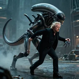larry david is being chased by a xenomorph, still from the movie aliens