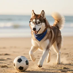 a playful brown husky wearing a bandana and glasses, playing soccer at the beach, Golden hour, bokeh, 4k photo,