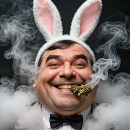 hyper realistic, close up portrait of a mega derpy mr. bean, big chungus, with bunny ears, smoking massive amounts of weed, big smile, buck teeth, billowing smoke clouds, by greg rutkowski, scott m fischer, artgerm, loish, slight glow, atmospheric, anne stokes, alexandros pyromallis, 4 k, 8 k