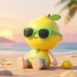 3 d render, chibi lemon character with an accomplished look on his face, he is wearing green sunglasses relaxing on the beach at sunset