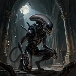hr giger's xenomorph from alien!! crouching inside of an ancient gothic cathedral, moonlight coming through a hole and landing on the creature, digital painting, gothic, alien, amazing value control, frank frazetta, dramatic lighting, muted colors, focused light, dark colors, in the style of resident evil