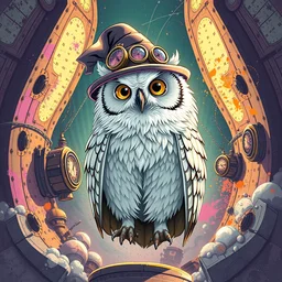 anthropomorphic wise wealthy white - owl travels through time via steampunk portals, pixiv fanbox, dramatic lighting, maximalist pastel color palette, splatter paint, pixar and disney exploded - view drawing, graphic novel by fiona staples and dustin nguyen, peter elson, alan bean, wangechi mutu, clean cel shaded vector art, trending on artstation