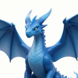 A blue, dragon-like creature with long, sharp horns protruding from its head. It has large, leathery wings and a long, snake-like tail. It is breathing fire and has a mean look on its face.