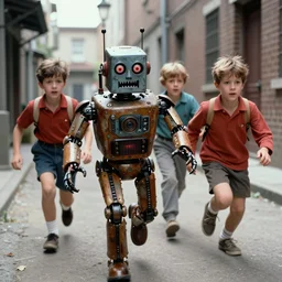 in the style of 1960s, A scary robot is chasing after three kids down the ally, fully detailed , fully detailed kids faces in focus