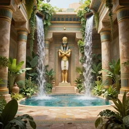 ancient egyptian interior with plants and waterfalls, fantasy art, intricate, trending on art station, 3 d render, unreal engine, octane engine, epic view