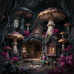 concept art painting of a interior of a cozy alien fantasy cottage made of mushrooms and fungus, with black vines and magenta houseplants, realistic, detailed, cel shaded, dark, in the style of makoto shinkai and greg rutkowski and james gurney