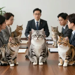 photo of well dressed cats in spectacles at a management board meeting. Highly detailed 8k. Intricate. Sony a7r iv 55mm. Stock photo.