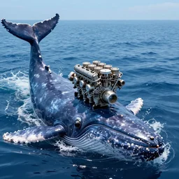 photograph of a small v 8 engine on the head of a massive cachalot whale, eight - cylinder piston diesel engine in the head of a cachalot in the ocean, body and a tail of a cachalot whale, long shot, in the style of cyberpunk, fantastic