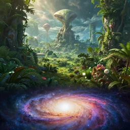 An amazing alien landscape with lush vegetation and colourful galaxy foreground, digital art, breathtaking, golden ratio, extremely detailed, hyper-detailed, establishing shot, hyperrealistic, cinematic lighting, particles, unreal engine, simon stålenhag, rendered by Beeple, Makoto Shinkai, syd meade, Kentaro Miura, environment concept, artstation, octane render, 8K UHD image
