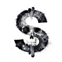 photo of a letter S on a white background with ink splatter forming a skull