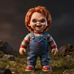 screaming chucky doll in shape of balloons octane render