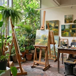 old artist's studio filled with paintings, plants, and trees, photograph