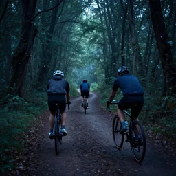 bicyclists ride their bikes on a path thru a magical, spooky forest, cinematic, motion blur