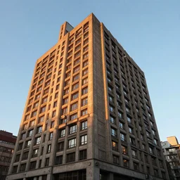 Beautiful Photograph of a Brutalism Building, lowshot, golden-hour