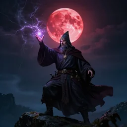 Wizard controlling the storm with magic, fantasy, medieval, night, red moon, epic, hyper-relistic, realistic, 8k