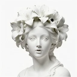 full head and shoulders, beautiful female porcelain sculpture by daniel arsham and raoul marks, smooth, all white features on a white background, delicate facial features, white eyes, white lashes, detailed white, lots of 3 d giant lillies on the head, shocked expression, black glass eyes - n 9
