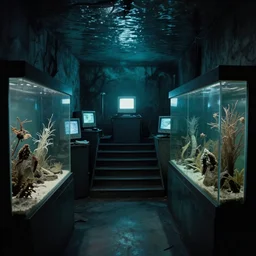 spooky creepy liminal space, display case, aquatic exhibition science museum, dried aquarium, illuminated computer screens, backroom stairs going down under water, photo taken on 1 9 8 0 s fujifilm superia